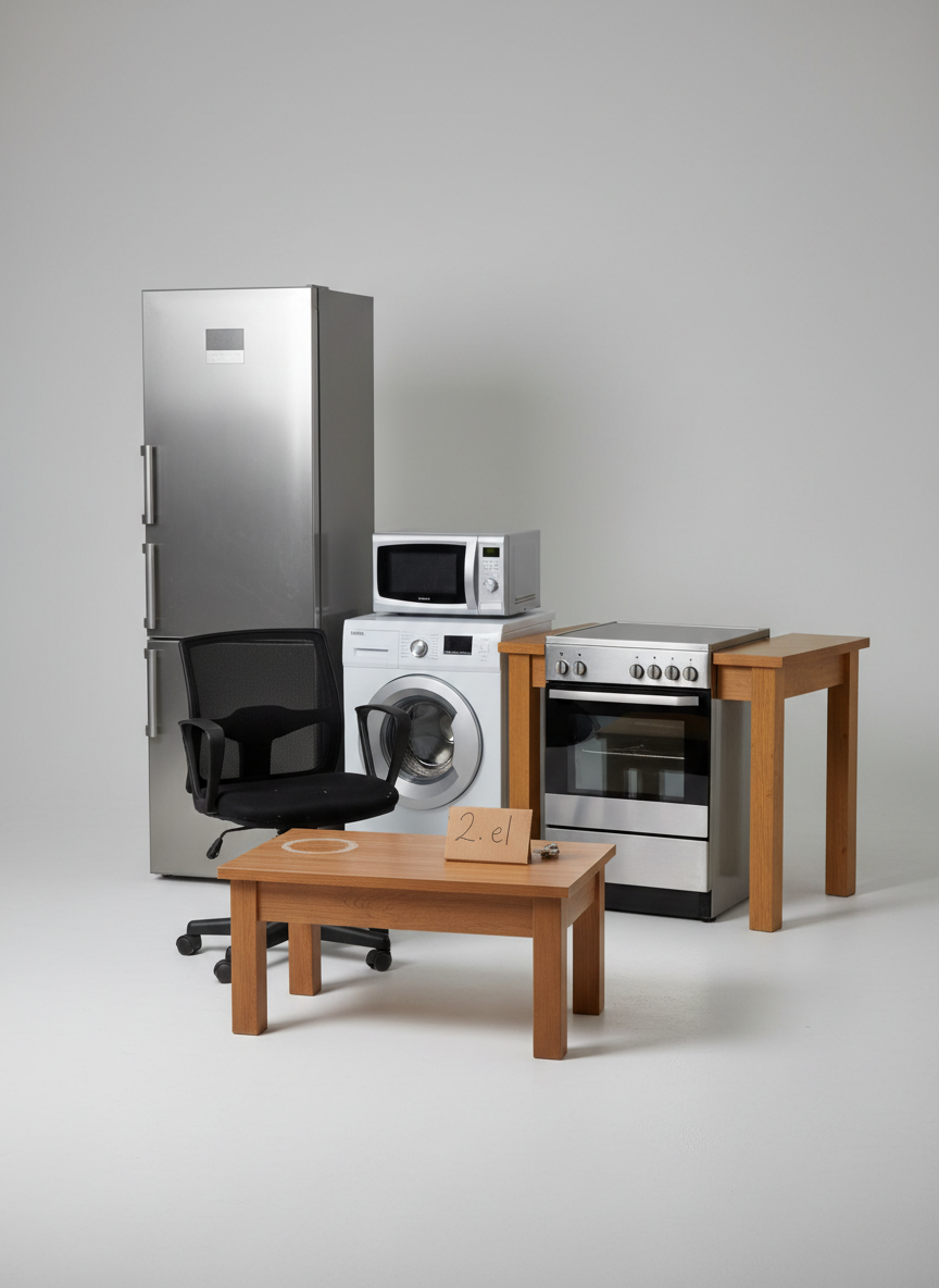 A carefully arranged collection of second-hand home appliances and furniture items set against a plain, light gray studio backdrop in photographic realism. A stainless steel refrigerator with a clean brushed finish stands beside a white front-loading washing machine, with a compact microwave and a gleaming electric stove placed on a sturdy wooden table. In front, a gently used office chair and a small coffee table with minor yet tidy signs of wear subtly showcase the “2. el” nature of the products. Soft, even studio lighting minimizes harsh shadows and highlights all details clearly, creating a professional, reliable mood. Captured from a slightly elevated angle with sharp focus, the image feels like a catalog display for a Malatya second-hand goods dealer, emphasizing cleanliness, quality, and trust.