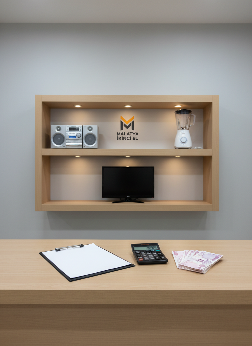 A clean, minimalist office counter setup representing a professional second-hand goods buying service in Malatya, captured in photographic realism. A smooth light-wood counter stretches horizontally across the foreground, with a neatly placed clipboard, calculator, and a stack of crisp banknotes symbolizing same-day cash payment. Behind the counter, shelves display a few select second-hand items like a compact stereo system, a small TV, and a blender, each spotless and well-lit. Soft, diffused overhead lighting creates a calm, trustworthy business atmosphere. Shot from an eye-level frontal perspective with centered composition and subtle background blur, the scene feels organized and efficient, perfectly conveying secure, fast cash transactions for used home items without showing any people.