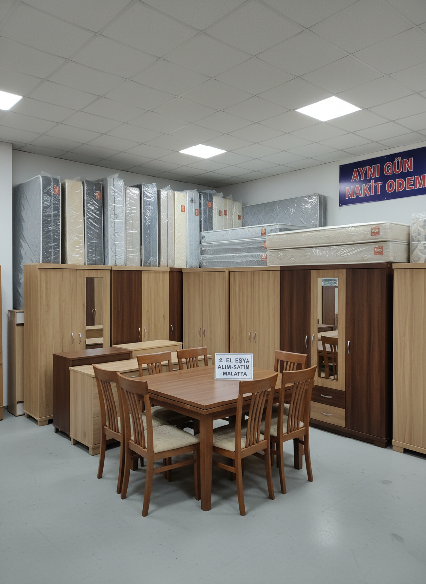 A tidy corner of a storage showroom in Malatya, filled with stacked and organized second-hand furniture ready for same-day cash purchase, rendered in photographic realism. A row of upright mattresses protected with thin clear covers leans against the wall, next to a series of wardrobes and cupboards with different wood tones, from light oak to deep walnut. In the foreground, a neatly aligned set of dining chairs surrounds a folded dining table, all showing gentle but well-kept use. Overhead cool-white fluorescent lighting evenly illuminates the scene, creating a bright, businesslike atmosphere. Shot at a wide angle to show depth and inventory variety, the composition emphasizes efficiency, order, and professionalism for a 2. el eşya alım-satım firm in Malatya.