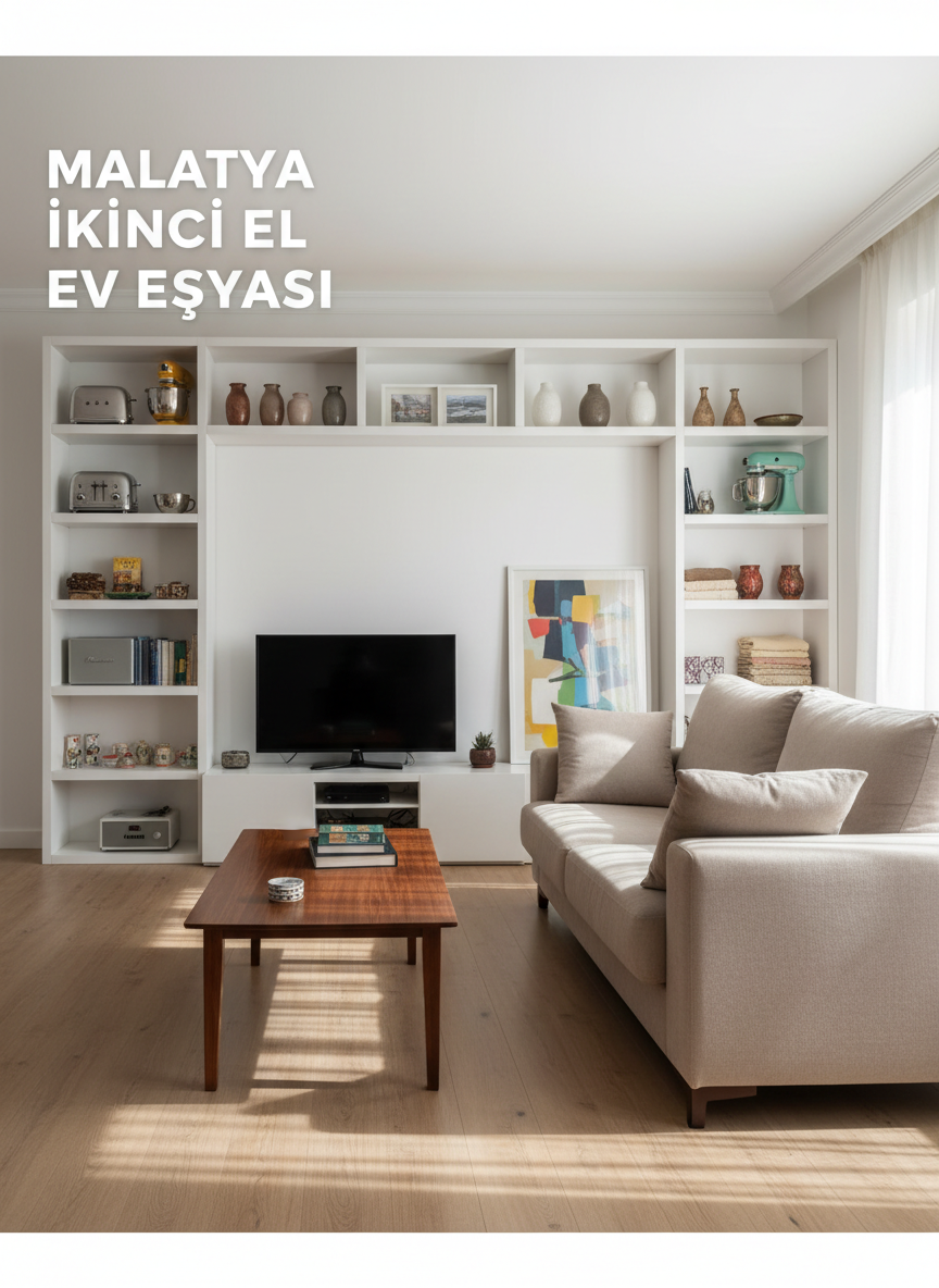 A bright, well-organized living room filled with gently used home furniture photographed in realistic detail. A clean beige fabric sofa with plump cushions, a polished dark-wood coffee table, and a modern flat-screen TV on a simple TV unit stand neatly arranged on a light laminate floor. In the background, tall white shelves subtly display a few neatly stacked appliances and decor pieces, all clearly second-hand yet very well maintained. Soft natural daylight enters from an unseen window to the right, creating gentle shadows and a professional, trustworthy atmosphere. Shot at eye level with sharp focus throughout, the composition feels balanced and spacious, ideal for a Malatya second-hand home goods buying-and-selling business homepage hero image, with a clean, modern, photographic realism style.